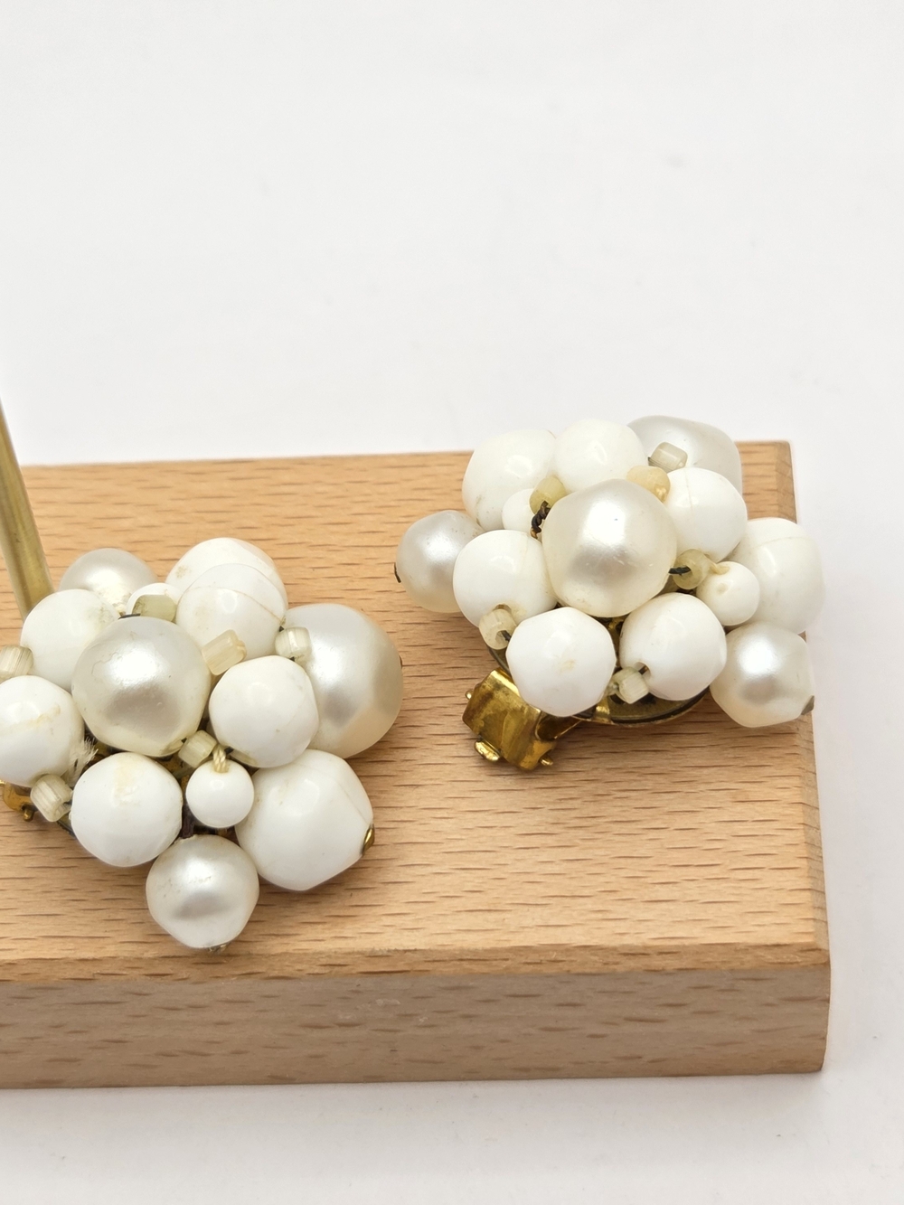Vintage W Germany Faux Pearl & Milk Glass Beaded Cluster Clip On Earrings